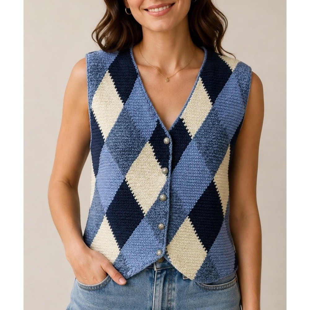 Vintage Christopher & Banks Women's Blue Argyle Hand Knit Sweater Vest SZ L